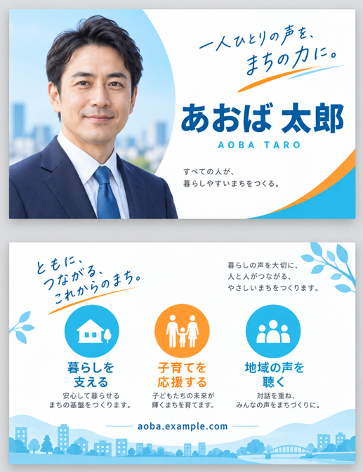 参考画像:青と白の両面名刺。人物写真と政策のアイコンを配置。